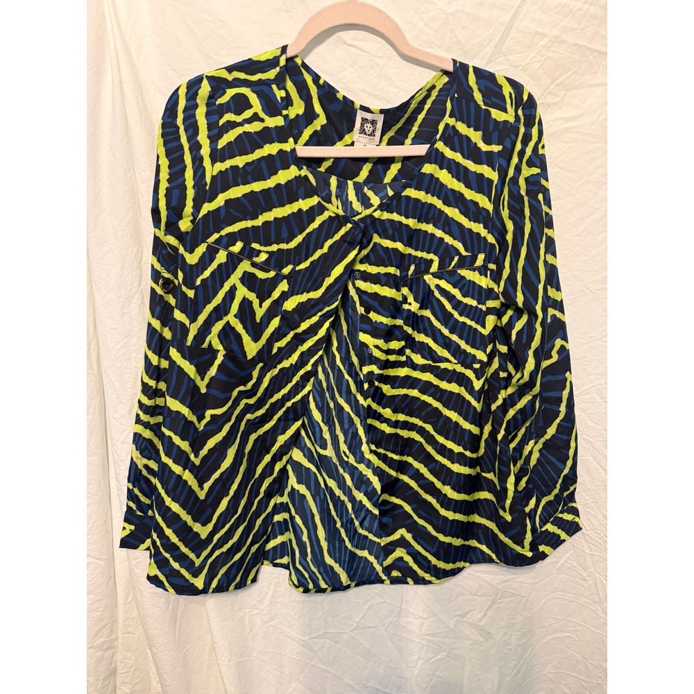 Anne Klein Lime Green Navy Blue Zebra Print V-Neck Roll Tab Sleeve Blouse M